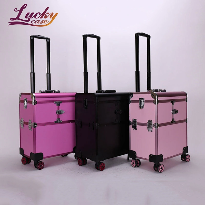 Lucky Case Factory Wholesale Pink Makeup Trolley with Trays Mirror