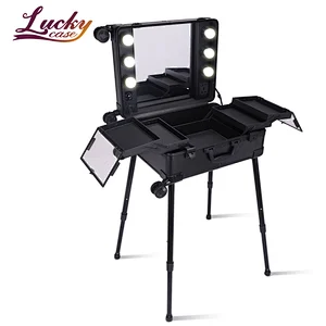 Luxury 3 Adjustable Light Colors Rolling Cosmetic Case with Mirror