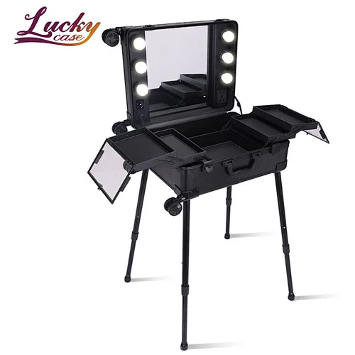 Luxury 3 Adjustable Light Colors Rolling Cosmetic Case with Mirror
