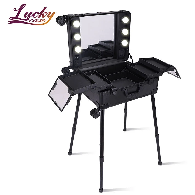 Luxury 3 Adjustable Light Colors Rolling Cosmetic Case with Mirror