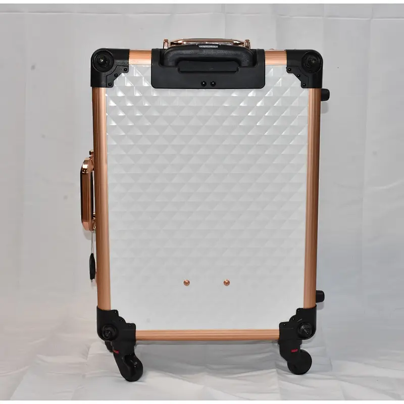 High End Portable Cosmetic Train Case Rose Gold Trolley Case Women Makeup Organizer Travel Bag with Bulb Mirror Holds Brush Compartment
