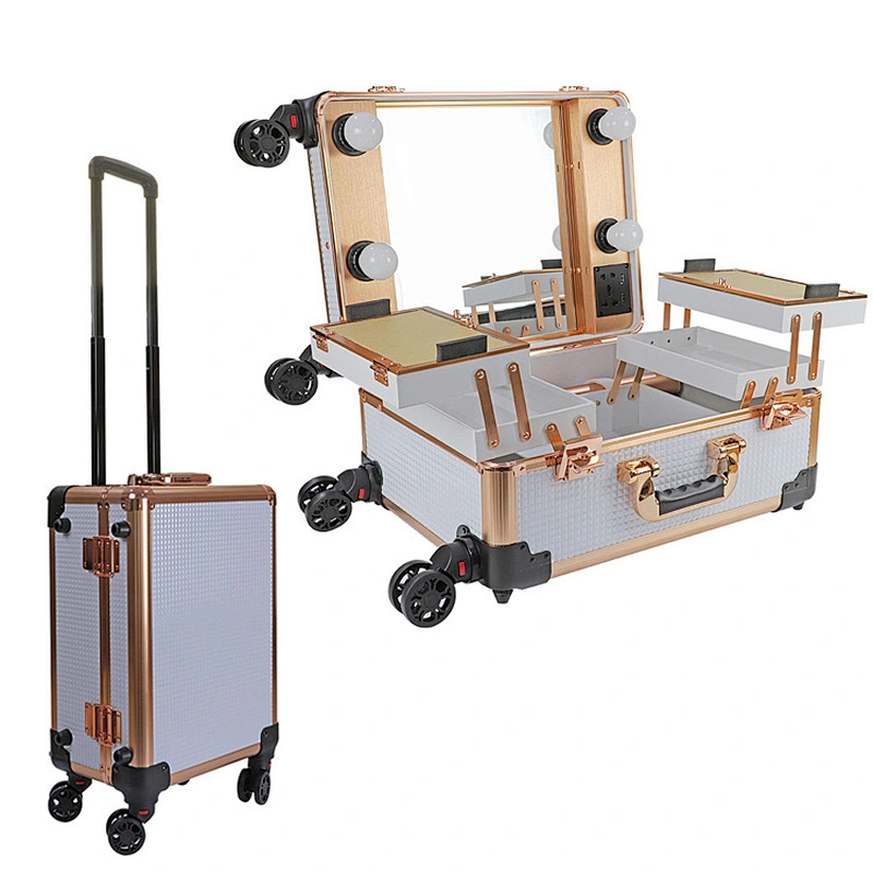 High End Portable Cosmetic Train Case Rose Gold Trolley Case Women Makeup Organizer Travel Bag with Bulb Mirror Holds Brush Compartment