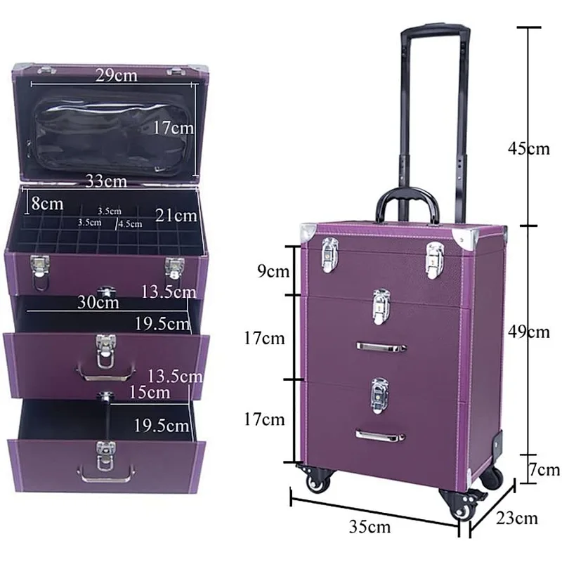 Rolling Makeup Case 4 in1 Cosmetic Lockable Trolley Makeup Nail Artist Travel Train Case Organizer Box with drawer