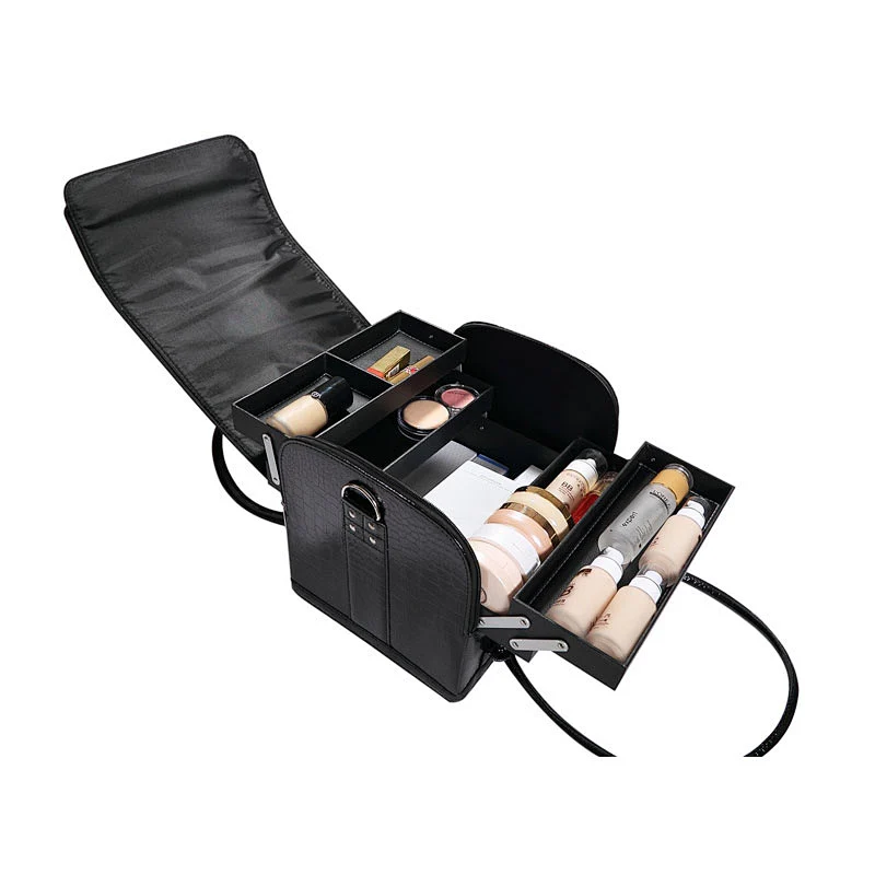 Multi-layer Large Leather Makeup Bag with 4 Trays for Makeup Artist Tattoo