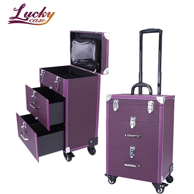 Rolling Makeup Case 4 in1 Cosmetic Lockable Trolley Makeup Nail Artist Travel Train Case Organizer Box with drawer