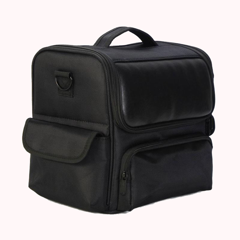 black makeup case with shoulder strap