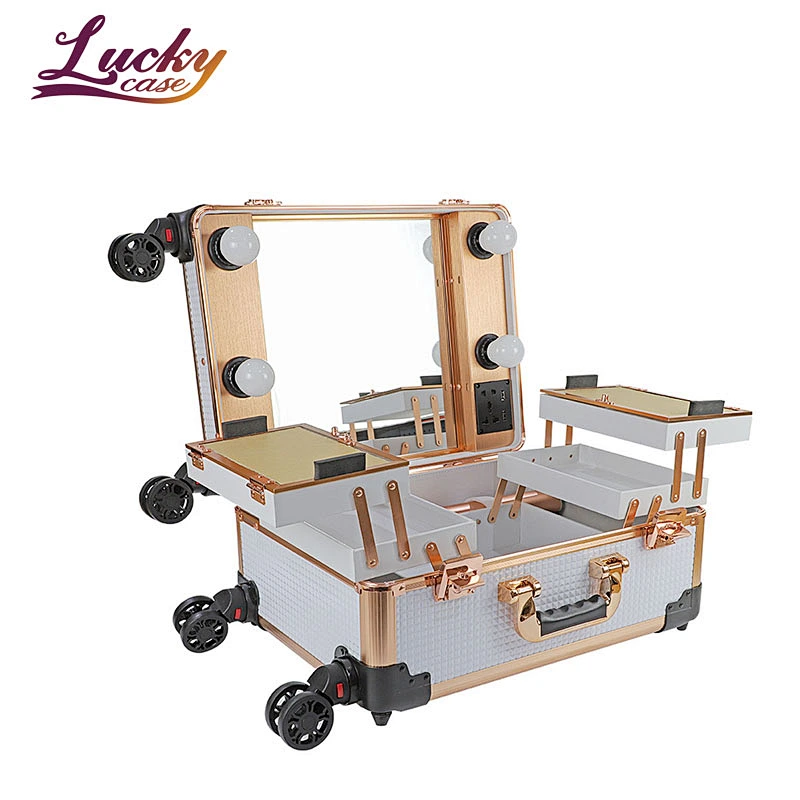 High End Portable Cosmetic Train Case Rose Gold Trolley Case Women Makeup Organizer Travel Bag with Bulb Mirror Holds Brush Compartment