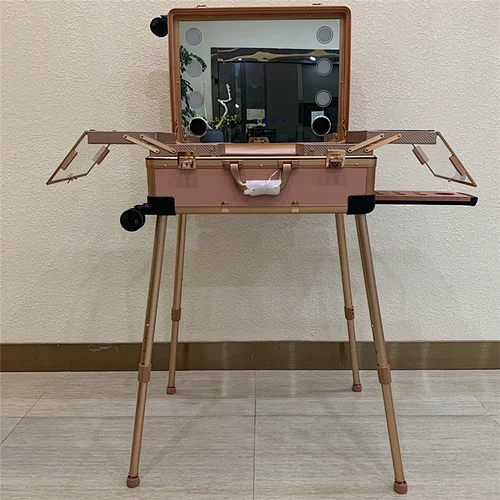 3 LED Light Colors Full Mirror Makeup Artist Trolley Free Studio Standing