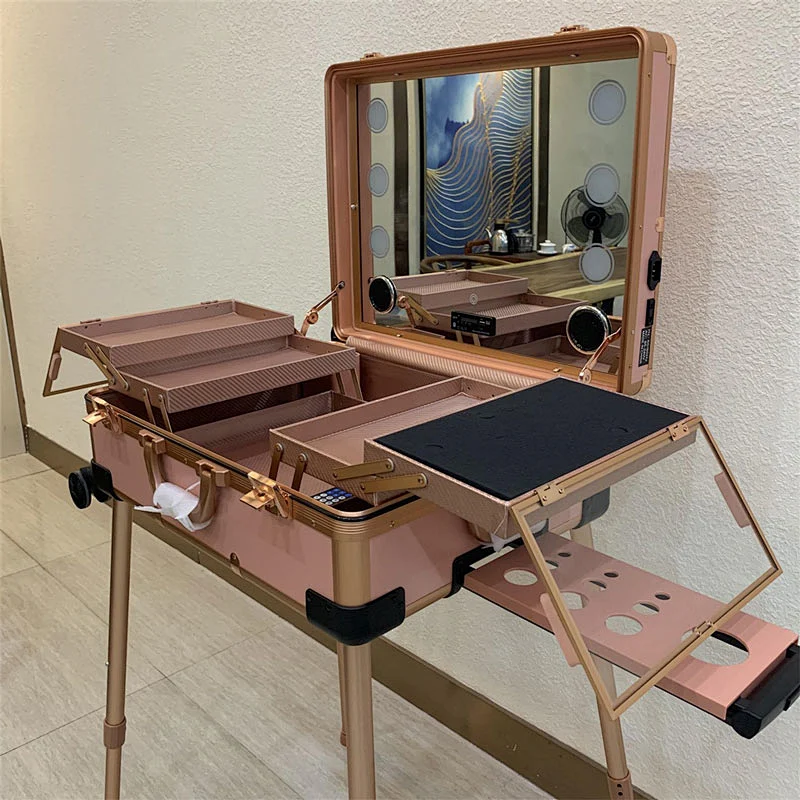 3 LED Light Colors Full Mirror Makeup Artist Trolley Free Studio Standing