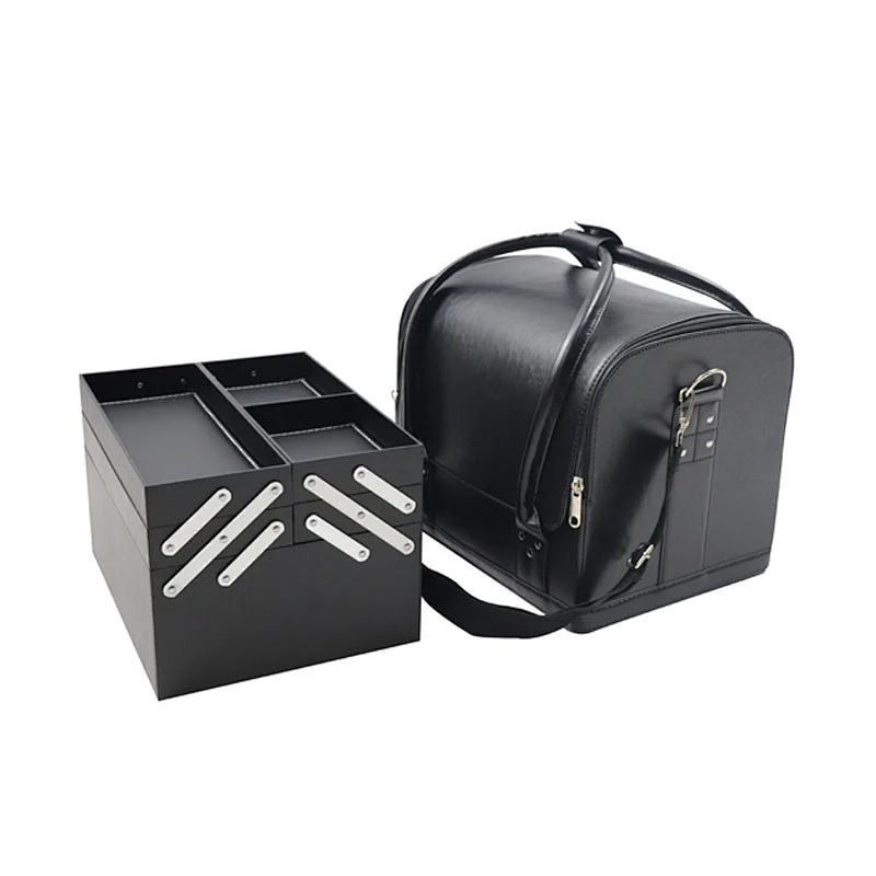 Multi-layer Large Leather Makeup Bag with 4 Trays for Makeup Artist Tattoo