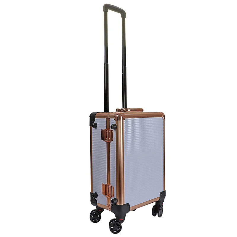 High End Portable Cosmetic Train Case Rose Gold Trolley Case Women Makeup Organizer Travel Bag with Bulb Mirror Holds Brush Compartment
