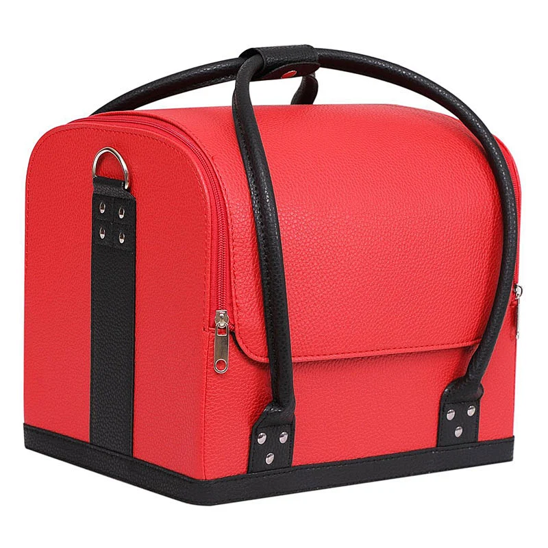 Multi-layer Large Leather Makeup Bag with 4 Trays for Makeup Artist Tattoo