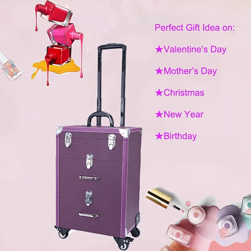 Rolling Makeup Case 4 in1 Cosmetic Lockable Trolley Makeup Nail Artist Travel Train Case Organizer Box with drawer