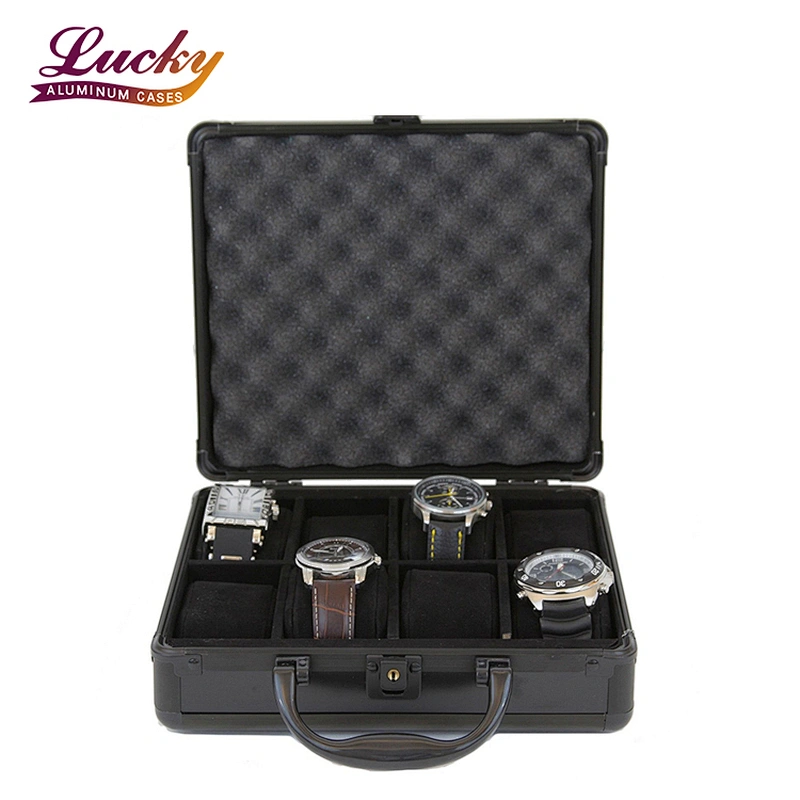 Metal Watch Case Watch Box for 8 Watches Case Black Aluminum Trimmed Case with Reinforced Steel Corner with Handle