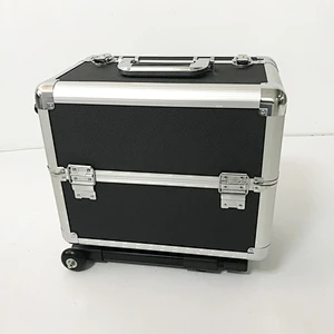 Rolling Makeup Case with Wheels Professional Cosmetology Large Train Case Wheeled Cosmetic Trunk with 4 Divided Trays Detachable Trolley for Makeup Artist, Hair Stylish or Home Use - Black