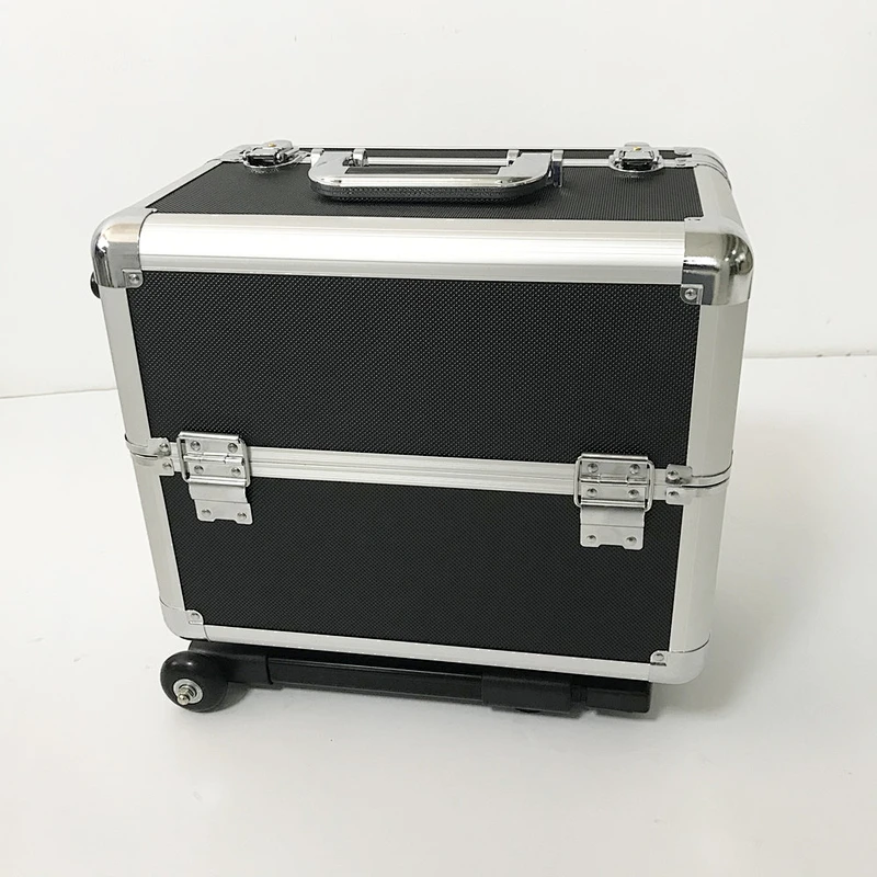Rolling Makeup Case with Wheels Professional Cosmetology Large Train Case Wheeled Cosmetic Trunk with 4 Divided Trays Detachable Trolley for Makeup Artist, Hair Stylish or Home Use - Black