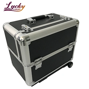 Rolling Makeup Case with Wheels Professional Cosmetology Large Train Case Wheeled Cosmetic Trunk with 4 Divided Trays Detachable Trolley for Makeup Artist, Hair Stylish or Home Use - Black
