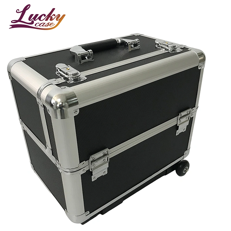 Rolling Makeup Case with Wheels Professional Cosmetology Large Train Case Wheeled Cosmetic Trunk with 4 Divided Trays Detachable Trolley for Makeup Artist, Hair Stylish or Home Use - Black