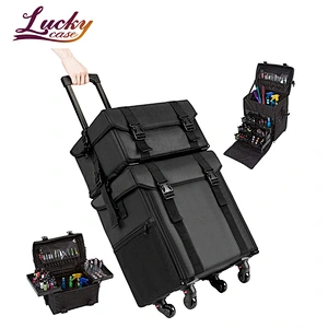 Stagiant Rolling Makeup Train Case Large Storage Cosmetic Trolley 4 Tray with Sliding Rail Removable Middle Layer with Key Swivel Wheels Salon Barber Case Traveling Cart Trunk