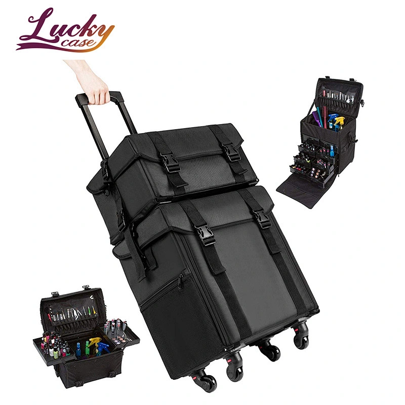 Stagiant Rolling Makeup Train Case Large Storage Cosmetic Trolley 4 Tray with Sliding Rail Removable Middle Layer with Key Swivel Wheels Salon Barber Case Traveling Cart Trunk