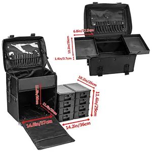 Stagiant Rolling Makeup Train Case Large Storage Cosmetic Trolley 4 Tray with Sliding Rail Removable Middle Layer with Key Swivel Wheels Salon Barber Case Traveling Cart Trunk