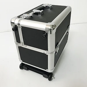 Rolling Makeup Case with Wheels Professional Cosmetology Large Train Case Wheeled Cosmetic Trunk with 4 Divided Trays Detachable Trolley for Makeup Artist, Hair Stylish or Home Use - Black