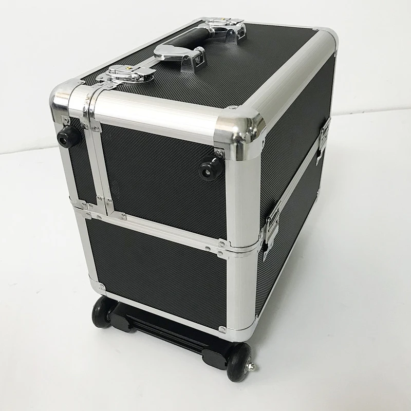 Rolling Makeup Case with Wheels Professional Cosmetology Large Train Case Wheeled Cosmetic Trunk with 4 Divided Trays Detachable Trolley for Makeup Artist, Hair Stylish or Home Use - Black