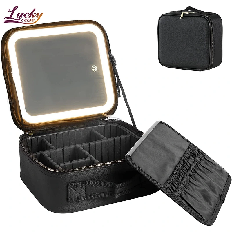 Makeup Train Case with Large Lighted Mirror 3 Color Scenarios Adjustable Brightness Large Cosmetic Organizer Storage