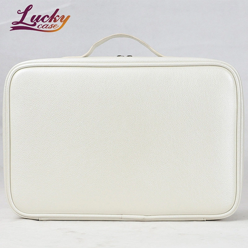 PU Handhold Makeup Bag Private Label Waterproof PU Leather Travel Double Layer Makeup Bag White  Makeup Bags