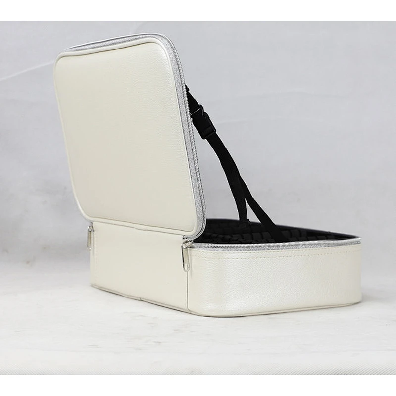 PU Handhold Makeup Bag Private Label Waterproof PU Leather Travel Double Layer Makeup Bag White  Makeup Bags
