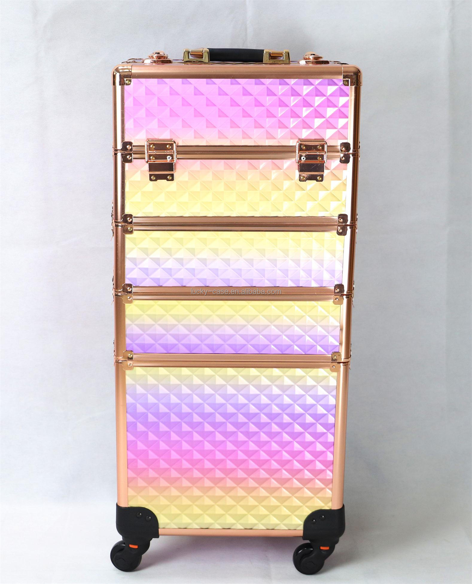 Aluminum Frame Cosmetic Hairdressing Case Travel colorful Beauty rolling makeup case