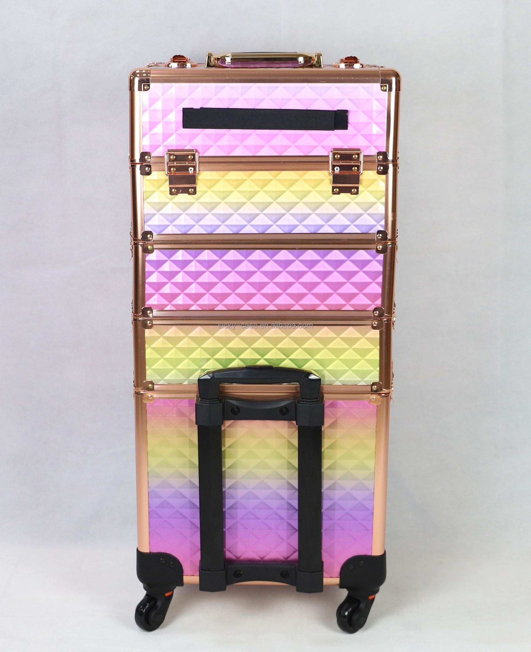 Aluminum Frame Cosmetic Hairdressing Case Travel colorful Beauty rolling makeup case