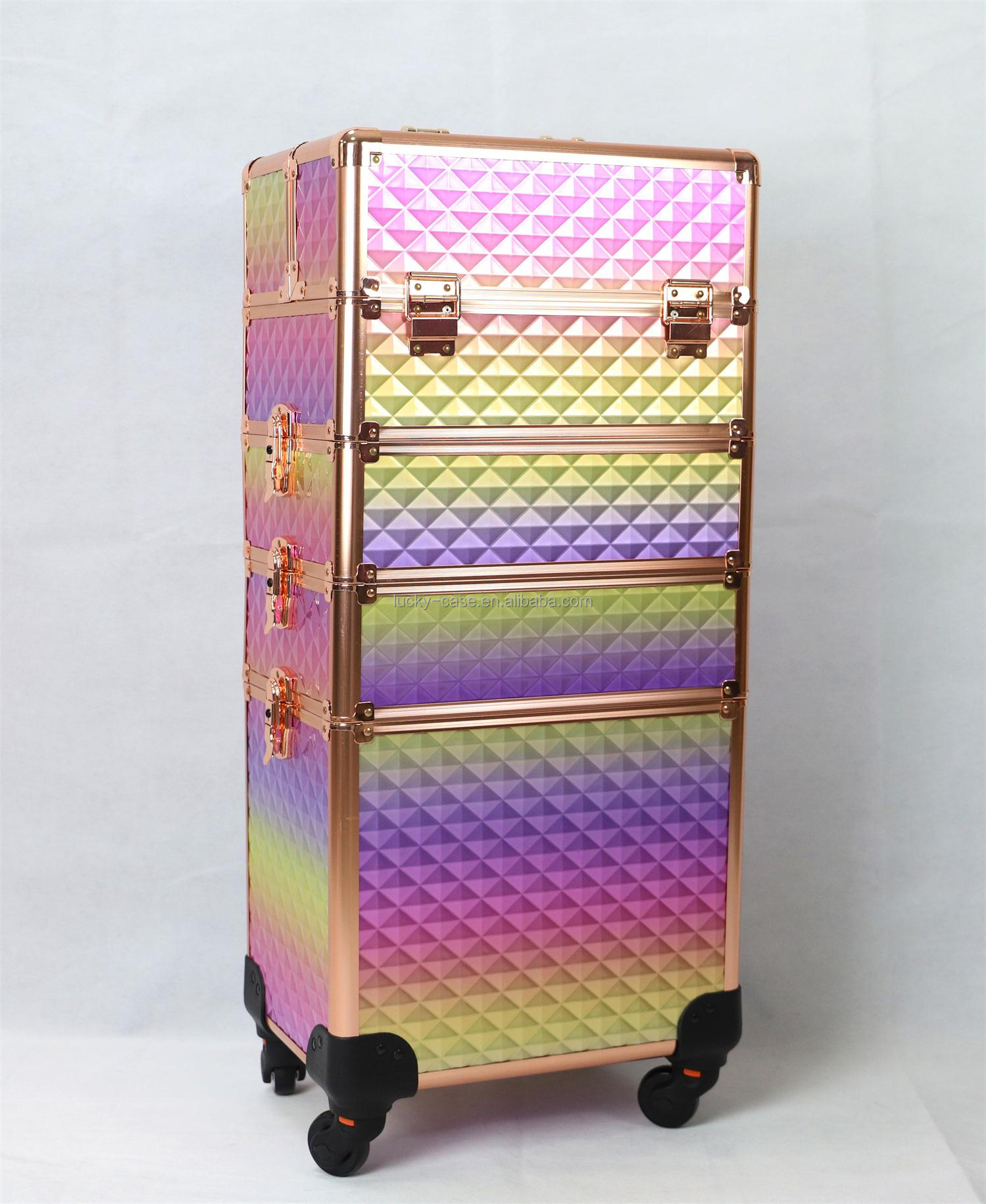 Aluminum Frame Cosmetic Hairdressing Case Travel colorful Beauty rolling makeup case