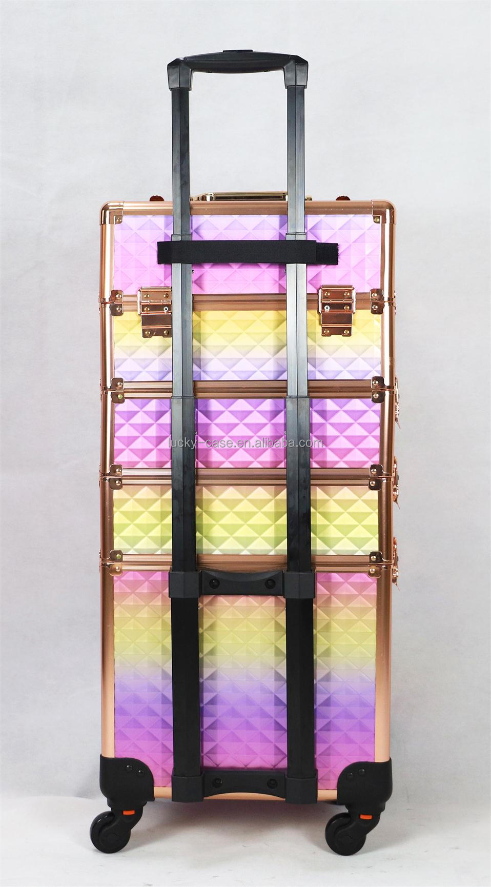 Aluminum Frame Cosmetic Hairdressing Case Travel colorful Beauty rolling makeup case