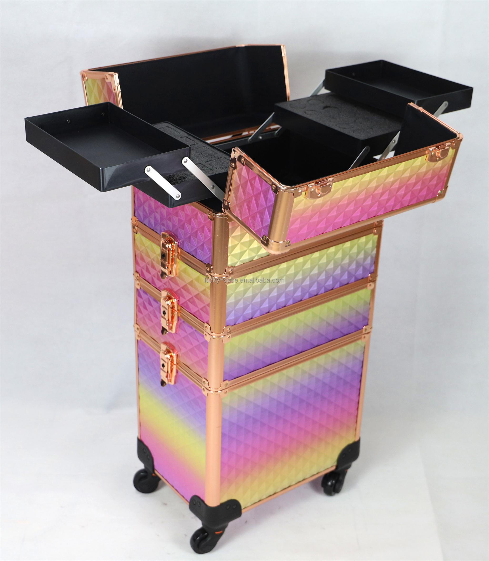 Aluminum Frame Cosmetic Hairdressing Case Travel colorful Beauty rolling makeup case