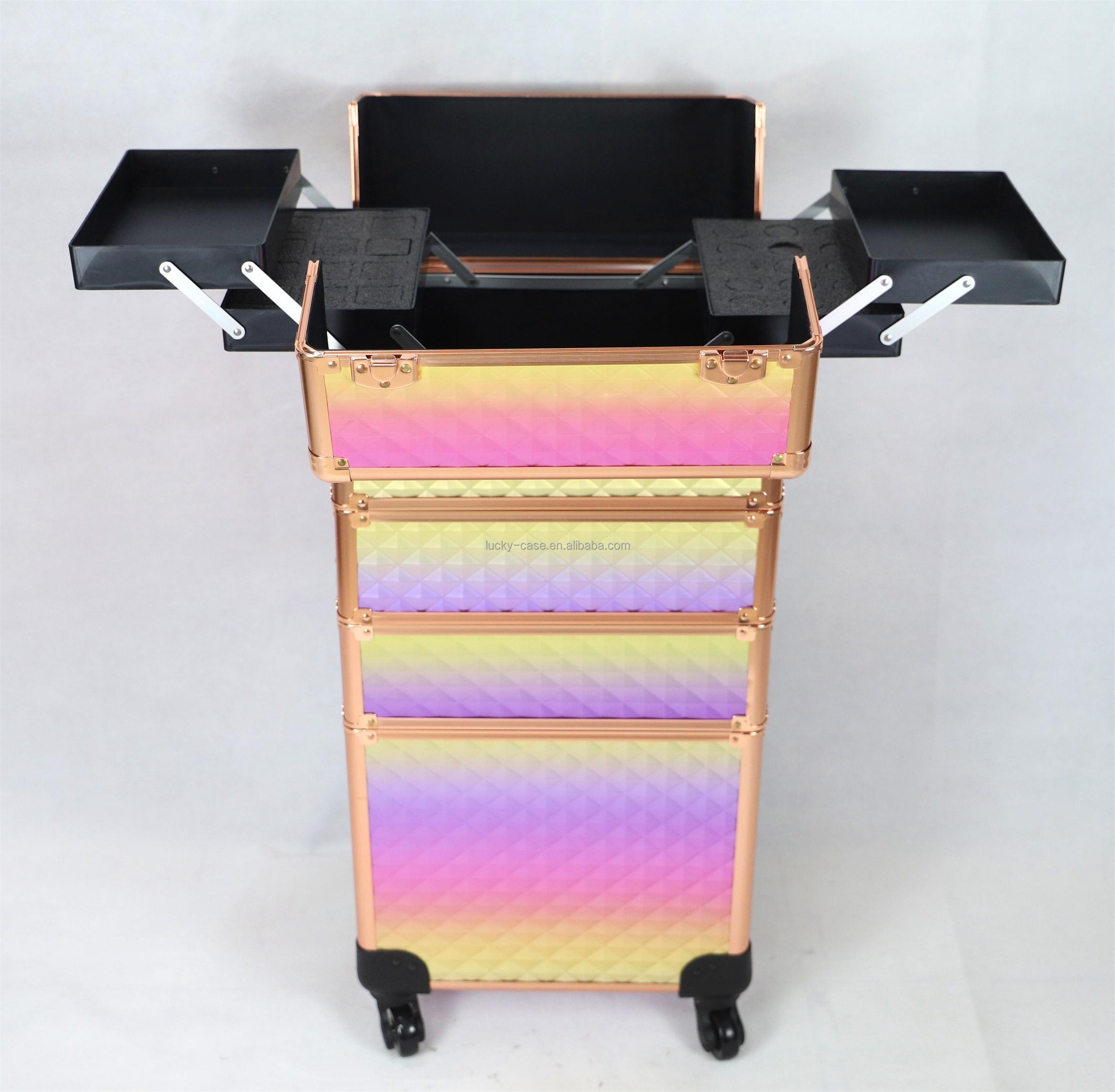 Aluminum Frame Cosmetic Hairdressing Case Travel colorful Beauty rolling makeup case