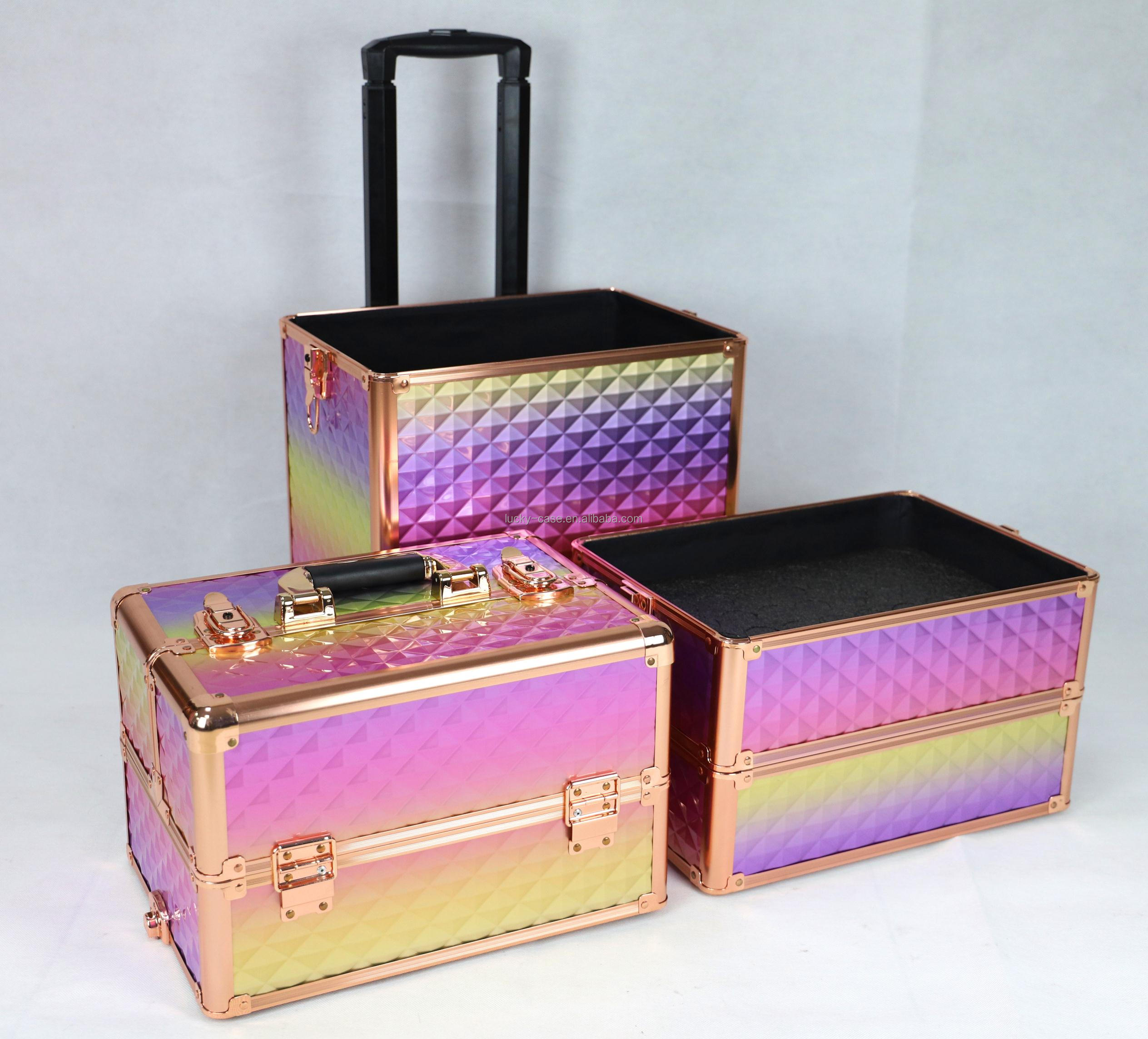 Aluminum Frame Cosmetic Hairdressing Case Travel colorful Beauty rolling makeup case