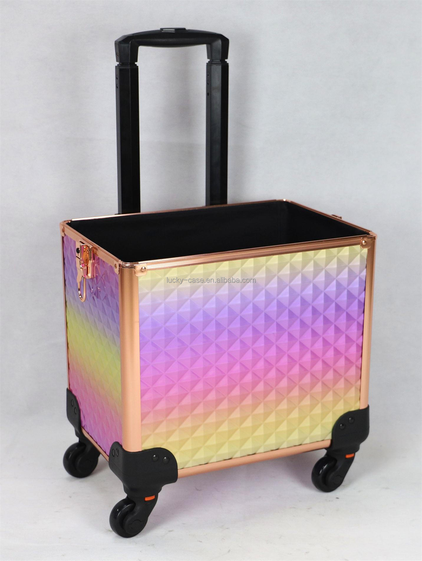Aluminum Frame Cosmetic Hairdressing Case Travel colorful Beauty rolling makeup case