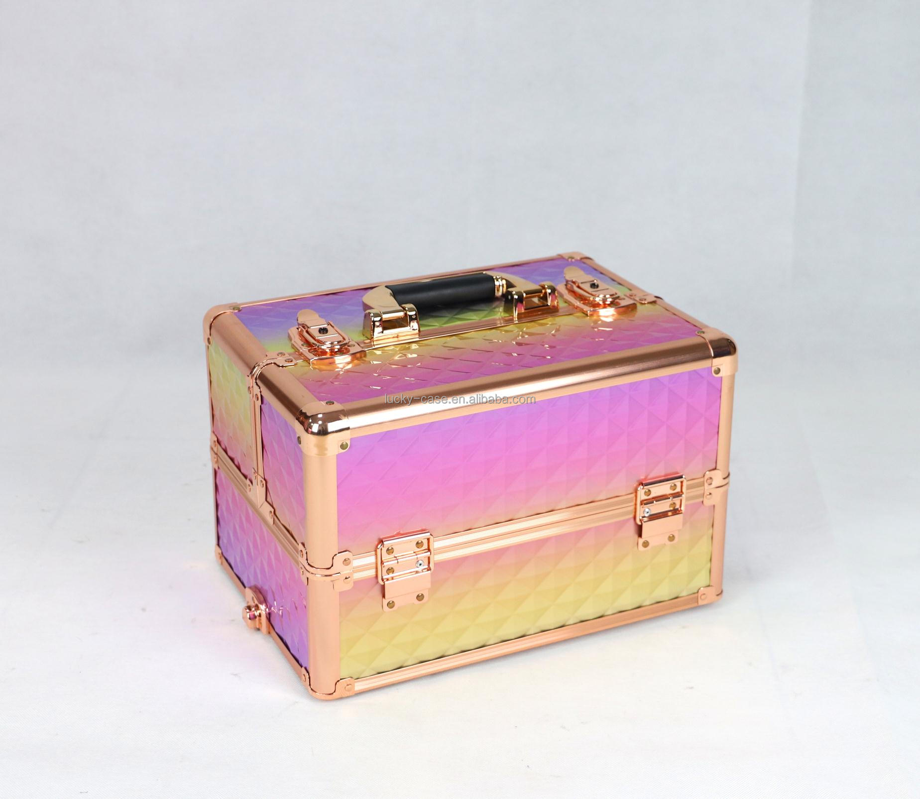 Aluminum Frame Cosmetic Hairdressing Case Travel colorful Beauty rolling makeup case