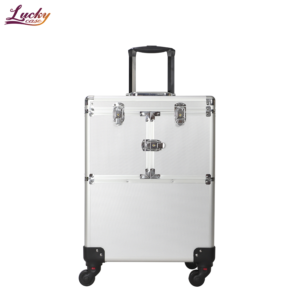 Sliver Aluminum Cosmetic Case with 6 Trays Makeup Rolling Trolley Organizer Case Professional Rolling Makeup Case