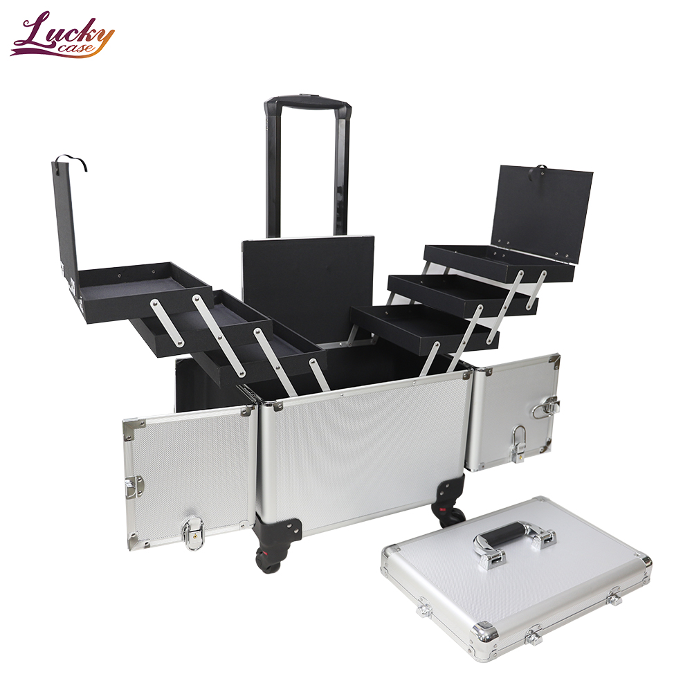 Sliver Aluminum Cosmetic Case with 6 Trays Makeup Rolling Trolley Organizer Case Professional Rolling Makeup Case