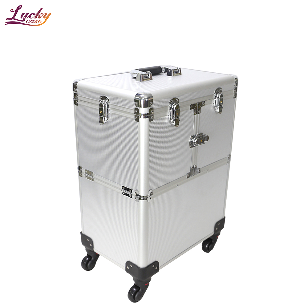 Sliver Aluminum Cosmetic Case with 6 Trays Makeup Rolling Trolley Organizer Case Professional Rolling Makeup Case