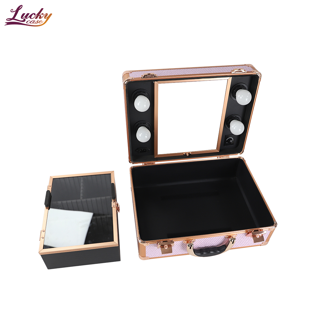 Pink Beauty Nail Box Cosmetics Organizer Portable Makeup Case with Mirror LED Light Professional Aluminum Makeup Artist Cases