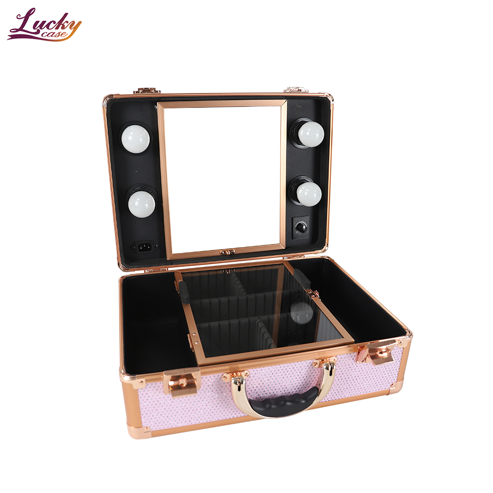 Pink Beauty Nail Box Cosmetics Organizer Portable Makeup Case with Mirror LED Light Professional Aluminum Makeup Artist Cases