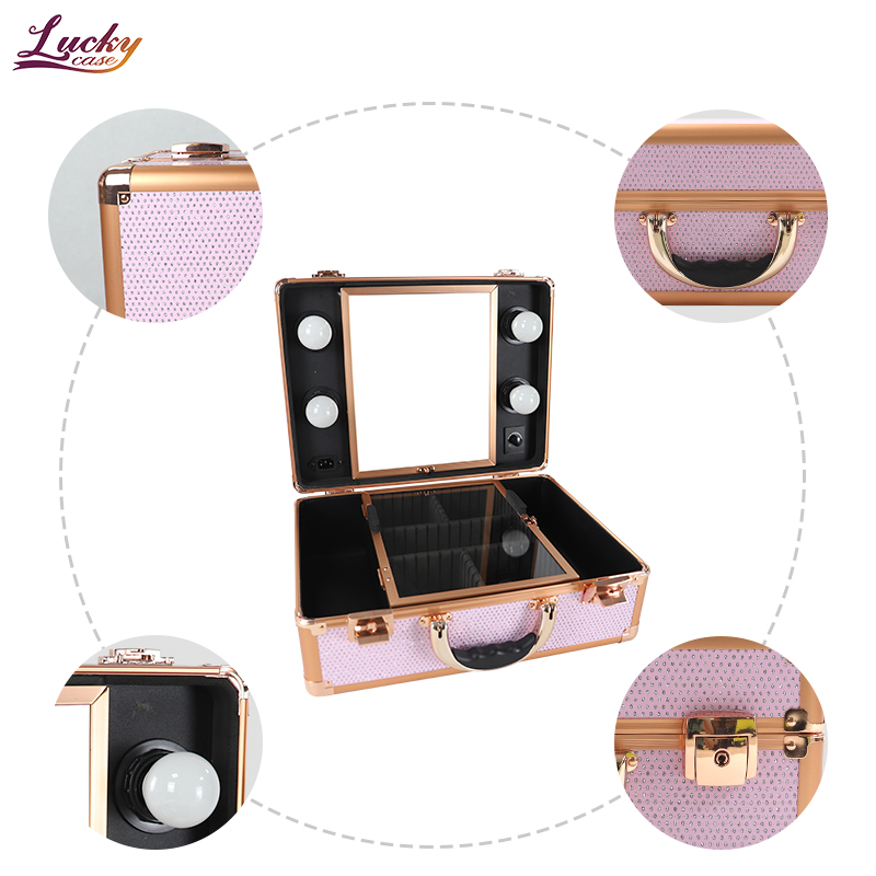Pink Beauty Nail Box Cosmetics Organizer Portable Makeup Case with Mirror LED Light Professional Aluminum Makeup Artist Cases