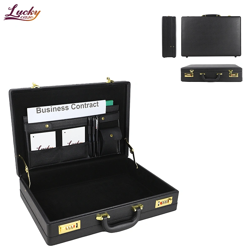 Expandable PU Leather Briefcase Black Attache Case Dual Combination Locks
