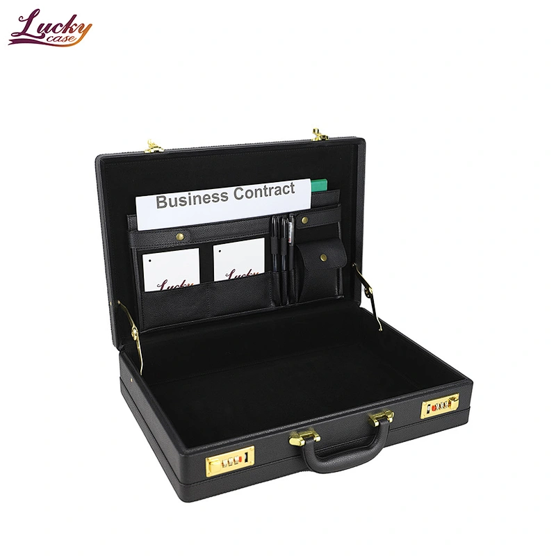 Expandable PU Leather Briefcase Black Attache Case Dual Combination Locks