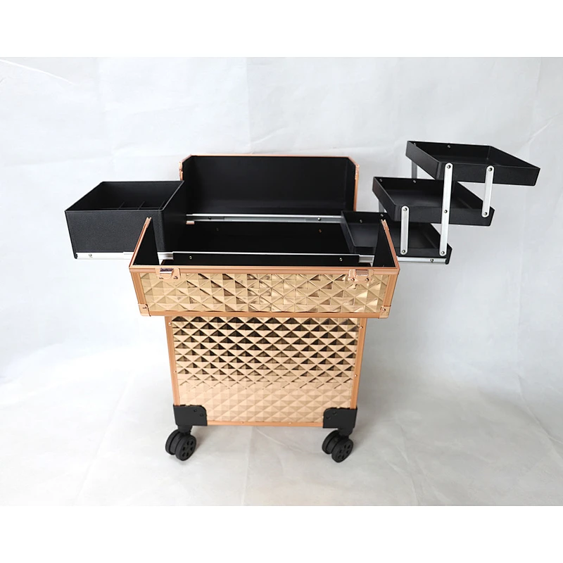 Lockable Professional Makeup Rolling Trolley Organizer Case Aluminum Makeup Case Rolling Makeup Case