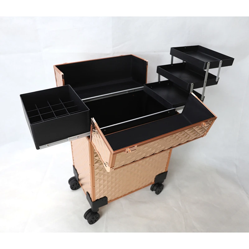 Lockable Professional Makeup Rolling Trolley Organizer Case Aluminum Makeup Case Rolling Makeup Case