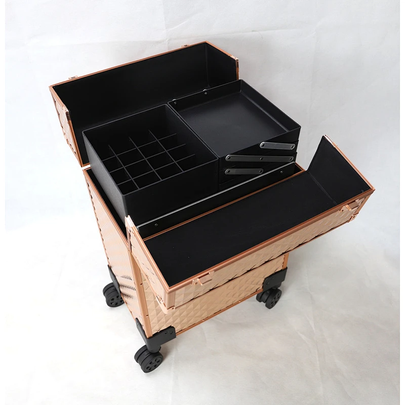 Lockable Professional Makeup Rolling Trolley Organizer Case Aluminum Makeup Case Rolling Makeup Case